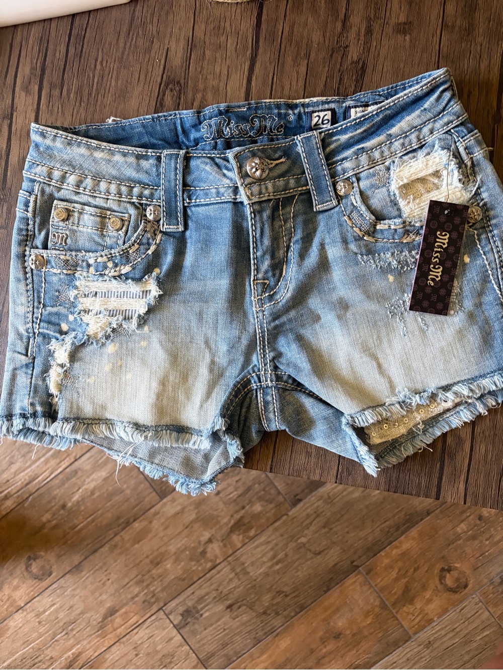 Miss Me Light Wash Distressed Denim Shorts with Rhinestone Trim